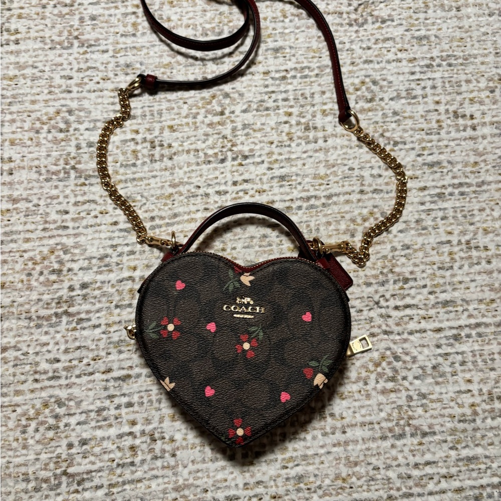 Coach Brown Heart-Shaped Mini Crossbody with Floral & Pink Heart Accents